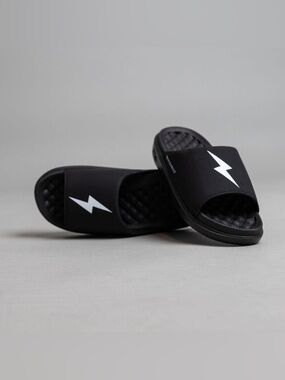 Bruce Bolt SOLD OUT boys Black Slide Sandals with White Lightning Accent